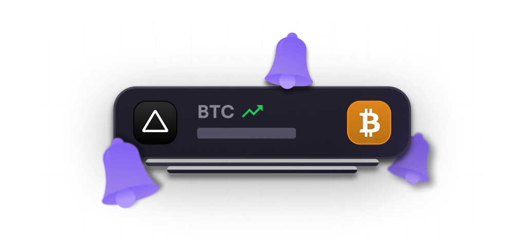 Blockbull Trade Investment Tracker notifications visualisation with a Bitcoin ticker and bells